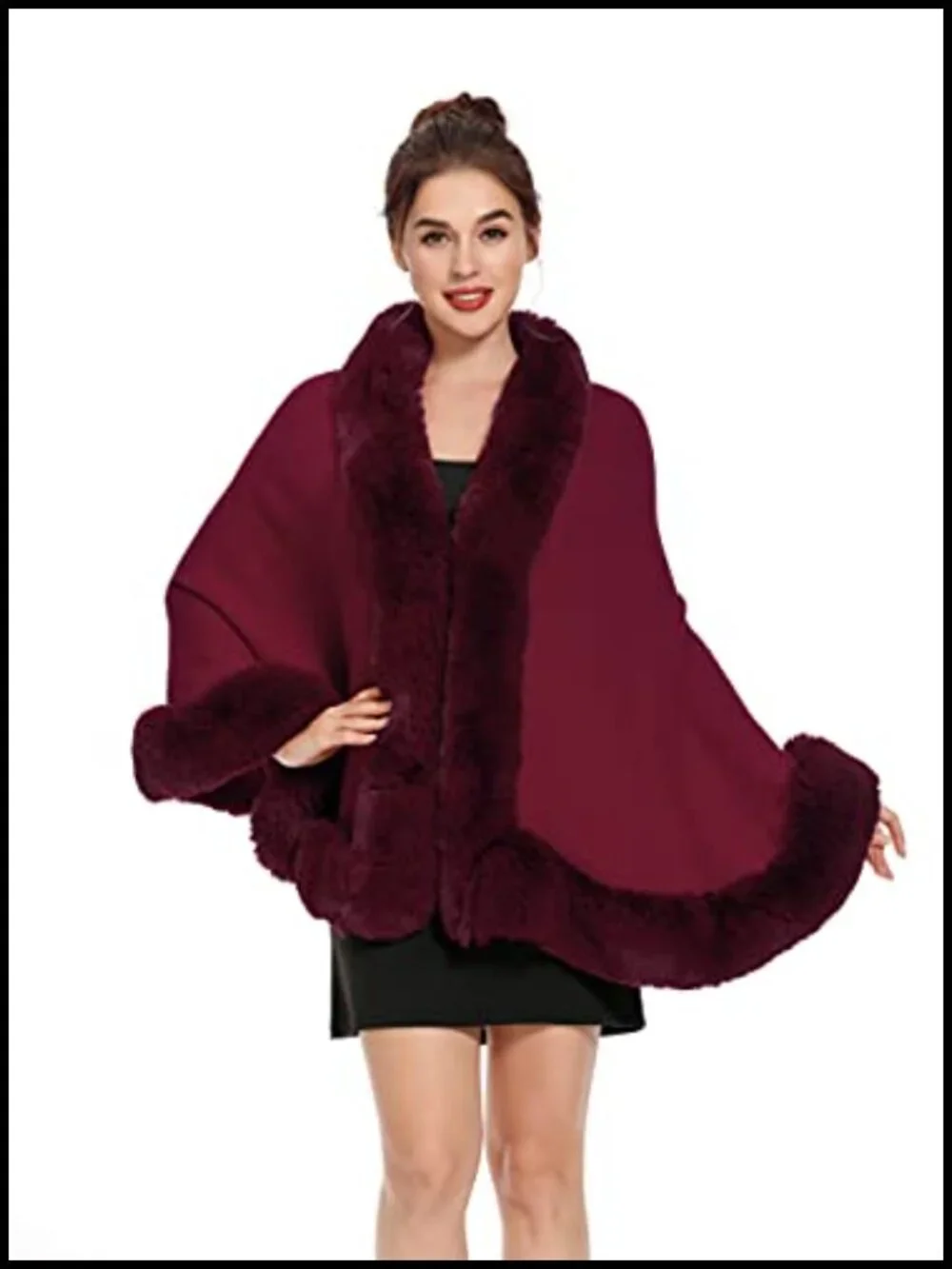 Faux Fur Trim Knit Wrap Shawl Cape Evening Party Winter Warm